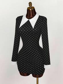 Y2K Amplova Polka Dot Top Women's Wednesday Contrast Color Collar Long Sleeve Shirt Collar Fashionable Mini Dress Halloween Dress - Black - View 8