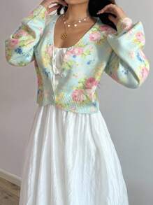 Sunnyshic 复古可爱甜美 V 领提花粉红玫瑰花朵长款泡泡袖开衫毛衣女士度假 - 彩色 - 查看 3