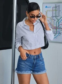 SHEIN Cottnline Low Waist Folded Hem Mini Denim Short - Medium Wash - View 5