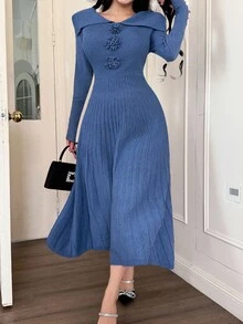 Feyla 女士优雅长袖针织连衣裙，3D花卉伞形图案，秋季 - 藍色 - 查看 3