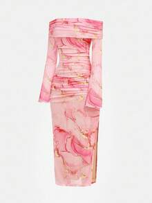 Girlism 少女优雅粉色大理石印花网眼露肩荷叶边开衩长袖连衣裙，适合派对、秋季、Y2K - 粉色 - 查看 6