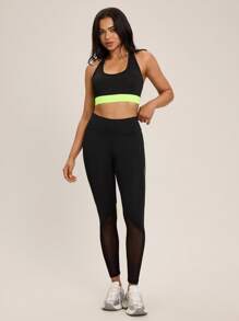 Hanevo Colorblock Short Fitness Bra And Letter Print Tank Top And Leggings Set For Fitness And Running Women Leggings Set - Mustard Yellow - View 1