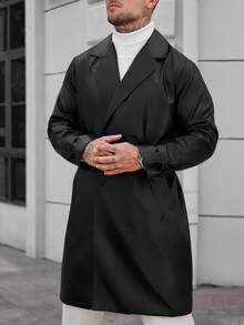 Manfinity CasualCool 男士纯色翻领长袖单排扣休闲 PU 皮革风衣，秋季 - 黑色 - 查看 4