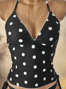 Bellisia Vintage Black & White Polka Dot Ruffled Triangle Cup Bikini Set - Black and White - View 3