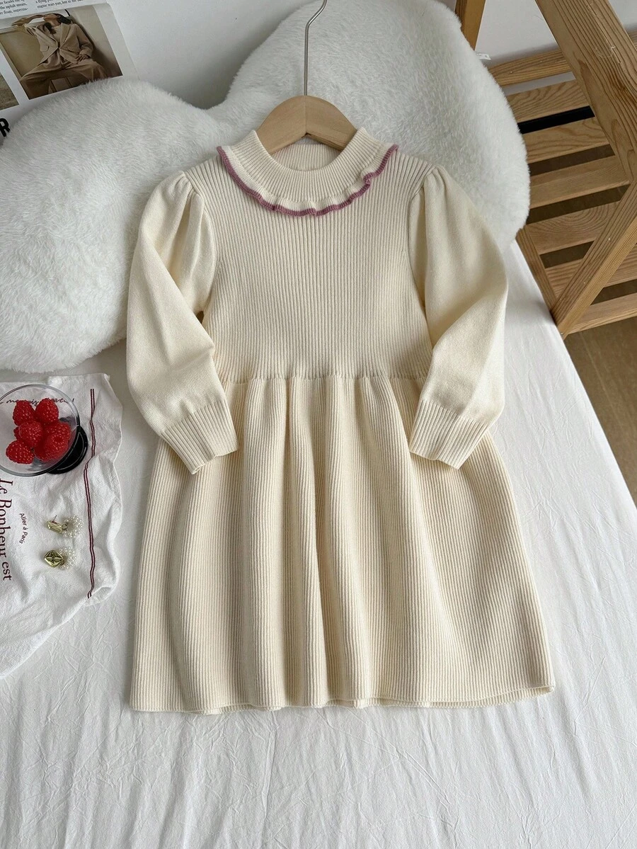 SHEIN Young Girl' Pink Round Neck Ruffle Hem Solid Color Long Sleeve A-Line Dress - Apricot - View 1