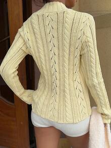 SHEIN Unity Casual Versatile Solid Color Hollow Out Knit Slim Fit Sweater Fall Winter Cloth For Women - Yellow - View 2
