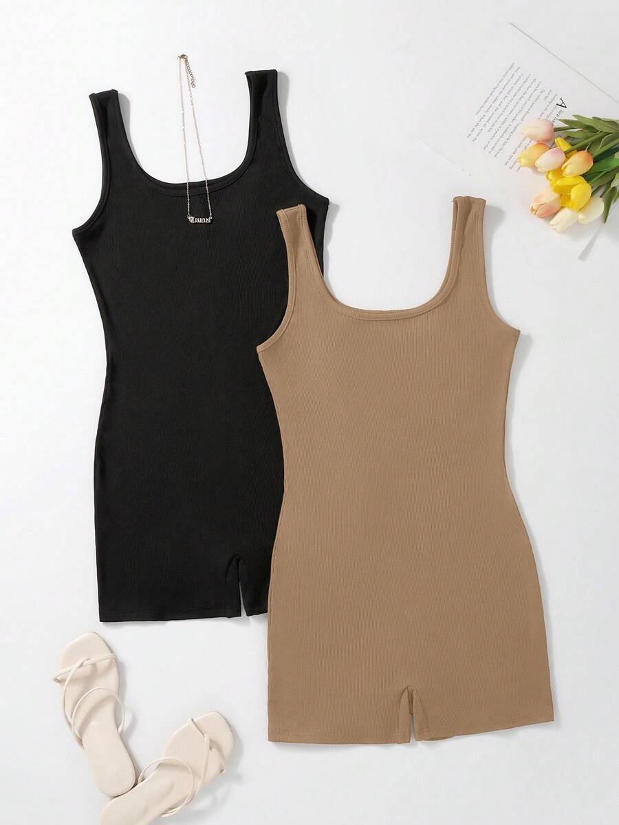 SHEIN Unity 2pcs/Set Solid Color Slim Fit Sleeveless Jumpsuit, Summer - Multicolor - View 1