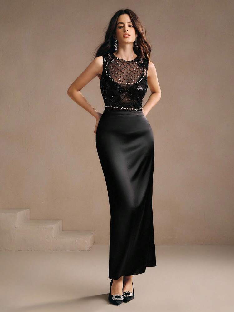 Damen Mode Urlaubsstil Rundhals Pailletten und Perlen verziertes Trägershirt