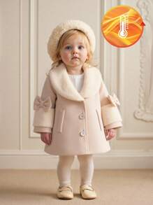 Souflis Souflis Baby Girls' Fluffy Bow V-Neck A-Line Long Sleeve Jacket. V-Neck Fluffy 3D Bow Sleeve Design, Exquisite And Elegant. Long Sleeve A-Line Silhouette With Faux Pockets, Classic And Graceful. Whether To Play Or Attending A Family Gathering, The Baby Can Be The Most Shining Presence. Fall Winter