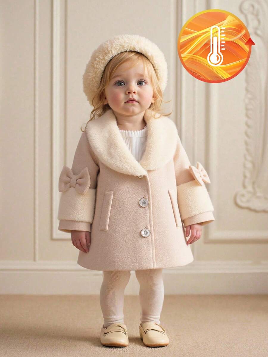 Souflis Souflis Baby Girls' Fluffy Bow V-Neck A-Line Long Sleeve Jacket. V-Neck Fluffy 3D Bow Sleeve Design, Exquisite And Elegant. Long Sleeve A-Line Silhouette With Faux Pockets, Classic And Graceful. Whether To Play Or Attending A Family Gathering, The Baby Can Be The Most Shining Presence. Fall Winter