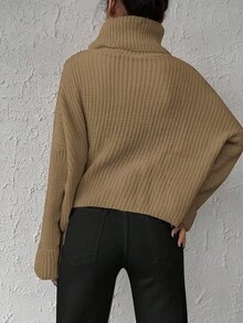 EURMUSE Solid Color Turtleneck Batwing Sleeve Sweater - Camel - View 2