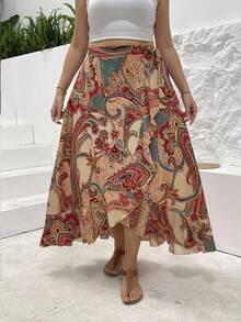 DAZY Printed Waist Belt Asymmetric Ruffle Hem Skirt - Multicolor - View 1