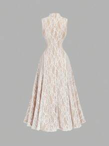 SHEIN MOD Đầm ren màu mơ dáng xòe, cổ đứng, cỡ lớn, dành cho người có vóc dáng đầy đặn. - Màu be - Xem 5