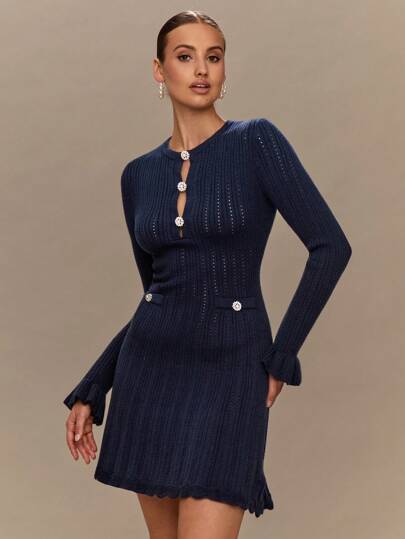 Enchnt Fall/Winter Romantic Women's Sapphire Blue Exquisite Pearl Buttons Decor Hollow-Out Knit Mini Dress,Chic&Elegant For Vacation&Date&Holiday&Graduation&Wedding Guest&Office&Going Out&Halloween&Christmas,Autumn Dresses For Women,Fall Clothes For Women,Autumn Outfits For Women,Back To School