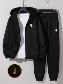 SHEIN 青少年男孩黑色简约超大撞色小印花卫衣卫衣和裤子套装，休闲，学院风，舒适，时尚，百搭，面料柔软，适合日常穿着、上学、郊游、户外活动、秋冬季 - 黑色 - 查看 2