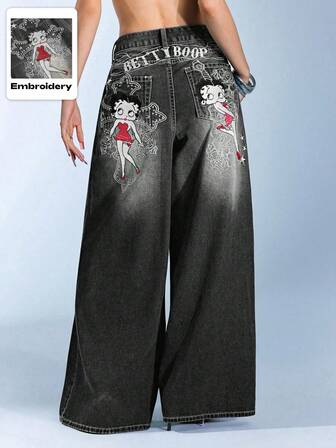 Betty Boop | ROMWE Mit Muster bestickter Gothic Kreuz & Rosen Rebe verwaschen Oversized Straight Leg Extra Lang Y2K Jeans