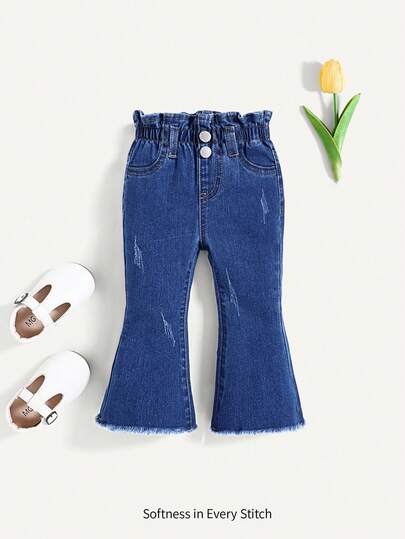 Cozy Pixies Jeans de pierna acampanada con cintura de bolsa de papel y dobladillo crudo, estilo lindo para bebé niña en verano