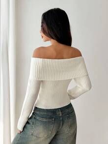 SHEIN PETITE Women's Y2K Flannelette Off Shoulder Women Sweaters,White, Winter Clothes For Women,Casual Outfit For Women Off The Shoulder Long Sleeve Off Shoulder Sweater Off The Shoulder Crop Top,Sexy, Elegant, White Solid Sweater,White Top