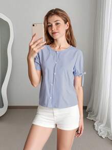 SHEIN 青少年女孩條紋圖案打結袖口上衣 - 藍色 - 查看 2