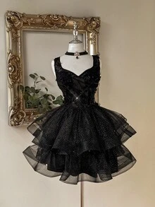 Lovelzi 优雅黑色奢华 3D 花卉串珠刺绣网眼腰部透明下摆 A 字形公主礼服，可调节系带，正式场合礼服，万圣节 - 黑色 - 查看 6