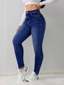 SHEIN Jeans skinny di base in denim blu scuro con fodera in pile elasticizzata per ragazze adolescenti