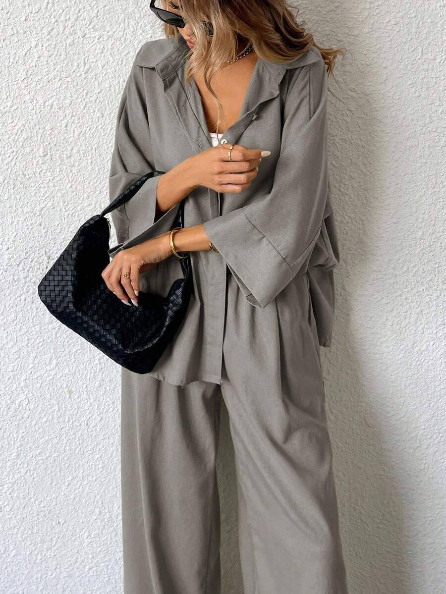 Aveloria Modichic 2 件套女士混纺侧开衩宽松衬衫和高腰阔腿裤优雅商务休闲女装 - 淺灰色 - 查看 1