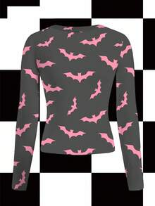 Shutterstock Camiseta de manga larga con cuello redondo y estampado completo de murciélagos de Halloween para mujer, para otoño/invierno, fiesta/club Y2K - Negro - Ver 2