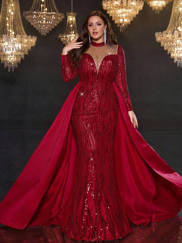 Glamrae Vestido longo plus size elegante, luxuoso, vermelho, com lantejoulas, embelezado, cetim, gola alta, malha transparente, decote em V, lantejoulas, embelezado, manga comprida, estilo sereia, com cauda dramática para ocasiões formais
