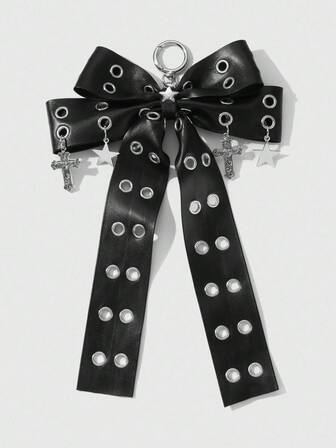 Grunge Punk 1pc Y2K Retro Punk Chic High-End Dark Gothic Style Black Leather Double-Layer Hollow Bowknot Star Cross Pendant DIY Keychain Bag Charm, Suitable For Women, Daily Wear Or Gift
