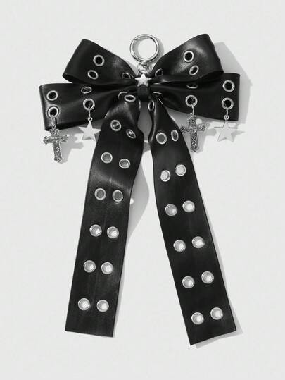 Grunge Punk 1 pieza Llavero/Accesorio para bolso con colgante de estilo gótico oscuro, negro de doble capa, con lazo hueco, estrella y cruz, de estilo retro punk chic Y2K, adecuado para mujeres, uso diario o como regalo