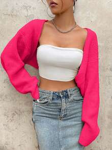 EURMUSE Y2K Grunge Drop Shoulder Open Front Crop Cardigan Without Tube Top - Hot Pink - View 3