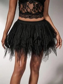 SHEIN SXY Plus Size Women Multi-Layered Ruffle Tulle Skirt, Black Mesh Skirt, Suitable For Date Night, Birthday, Bachelorette Party, Cute, Casual, Shopping, Streetwear, Going Out, Flirty, Easy To Match & Looks Slim, Accentuates Your Body, Flatters The Figure