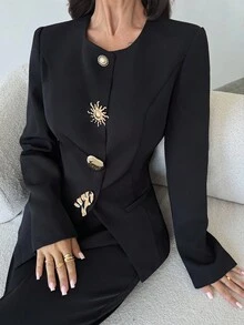 Firerie Women's Elegant Minimalist Metal Button Decor Long Sleeve Blouse, Long Sleeve Asymmetric Button Fitted Top, Black, Suitable For Office Wear Fall Women Clothes / Commuting Wear / Teacher Clothing / Back To School Season / Old Money /Fall Clothes For Women/ Business Casual Woman / Fall Clothes/Office Attire For Women /Work Outfits/ Fall Women Clothes - Black - View 9