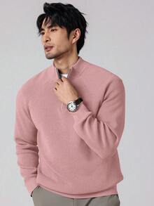 OTTIMOZO 男式纯色半拉链插肩袖针织休闲毛衣，秋冬 - 粉色 - 查看 3