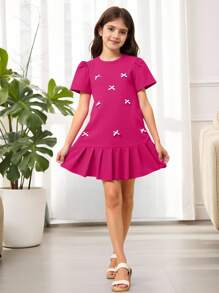 SHEIN 1 件 Tween 女童 3D 蝴蝶结装饰短袖百褶裙宽松款，春夏 - 玫紅色 - 查看 9