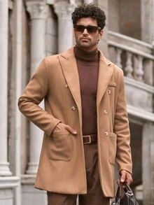 Manfinity NXTstreet Áo khoác ngoài nam dáng suông hai hàng cúc, màu trơn, kiểu dáng châu Âu thu đông, màu be. - Màu Khaki - Xem 3