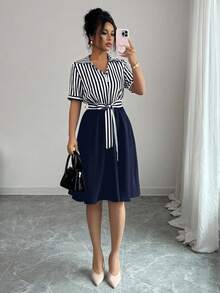 Elenzga 女式条纹短袖系带中长连衣裙 - 藏蓝色 - 查看 4