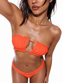 Oceva Summer Beach Frill Trim Bandeau Bikini Set, Orange Bathing Suit - Orange - View 1