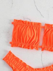 Oceva Summer Beach Frill Trim Bandeau Bikini Set, Orange Bathing Suit - Orange - View 3