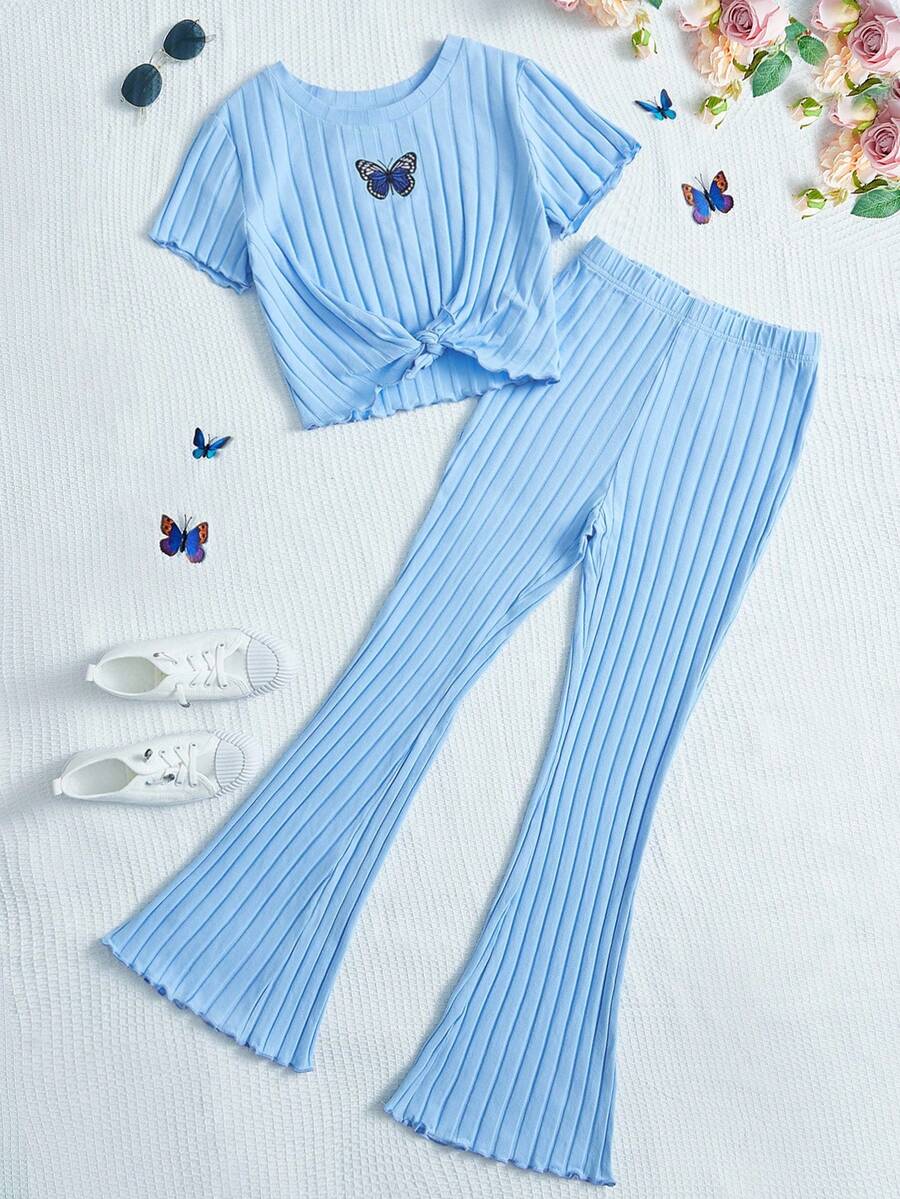 SHEIN Teen Girls Butterfly Print Twist Hem Tee & Flare Leg Trousers - Baby Blue - View 1