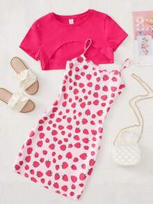 SHEIN Teen Girl Strawberry Print Cami Dress & Super Crop Top - Multicolor - View 1