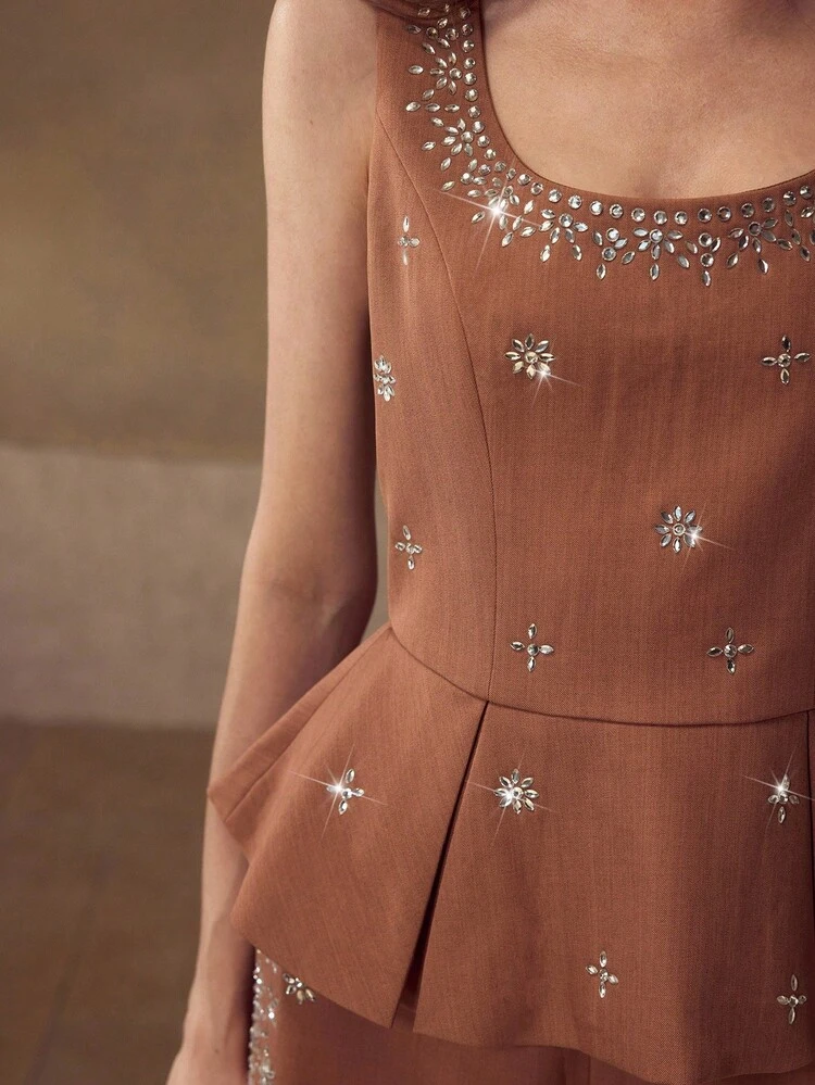 RHINESTONE DETAIL SQUARE NECK PEPLUM TANK TOP