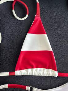 Swim Vcay 红白条纹超细丁字裤比基尼，性感风情 - 紅白色 - 查看 3