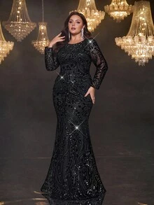 Glamrae Plus Size Black Elegant Formal Evening Dress,Spring Sequin Embroidery Beading Nail Diamond Round Neck See-Through Long Sleeve Slim Fishtail Gown - Black - View 5