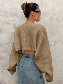 EURMUSE Y2K Grunge Drop Shoulder Open Front Crop Cardigan Without Tube Top - Camel - View 8