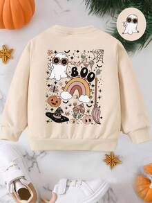 万圣节角色扮演服装，女孩休闲创意卡通鬼南瓜彩虹图案基本款圆领运动衫，秋季服装 - 卡其色 - 查看 4