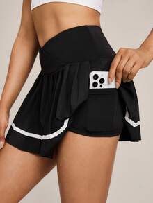 Hanevo Váy mini thể thao xếp ly eo không đối xứng cho nữ màu tương phản Váy tennis Váy thể thao - màu đen - Xem 3