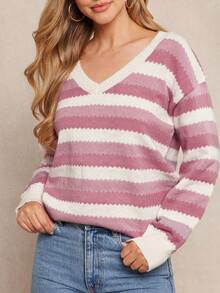 Amorya Women's Contrast Color Drop Shoulder Scalloped Hem Sweater, Long Sleeve Top In Fall/Winter - Multicolor - View 6