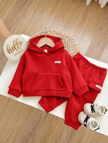2pcs/Set Baby Boy Cute Red Hooded Sweatshirt With Pockets & Elastic Waist Pants Set, Autumn/Winter Fall - Red - View 5