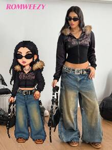 青少年秋冬连帽卫衣外套，毛茸茸的装饰连帽，胸前饰有水钻的复古印花，兼具柔软和凉爽，秋冬必备外套 - 黑色 - 查看 3